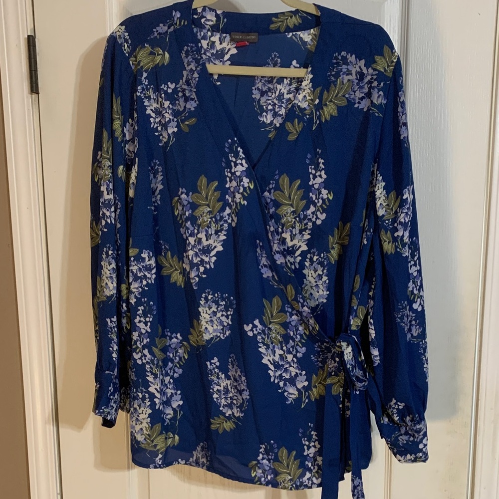 Vince Camuto Blue Floral Wrap Blouse